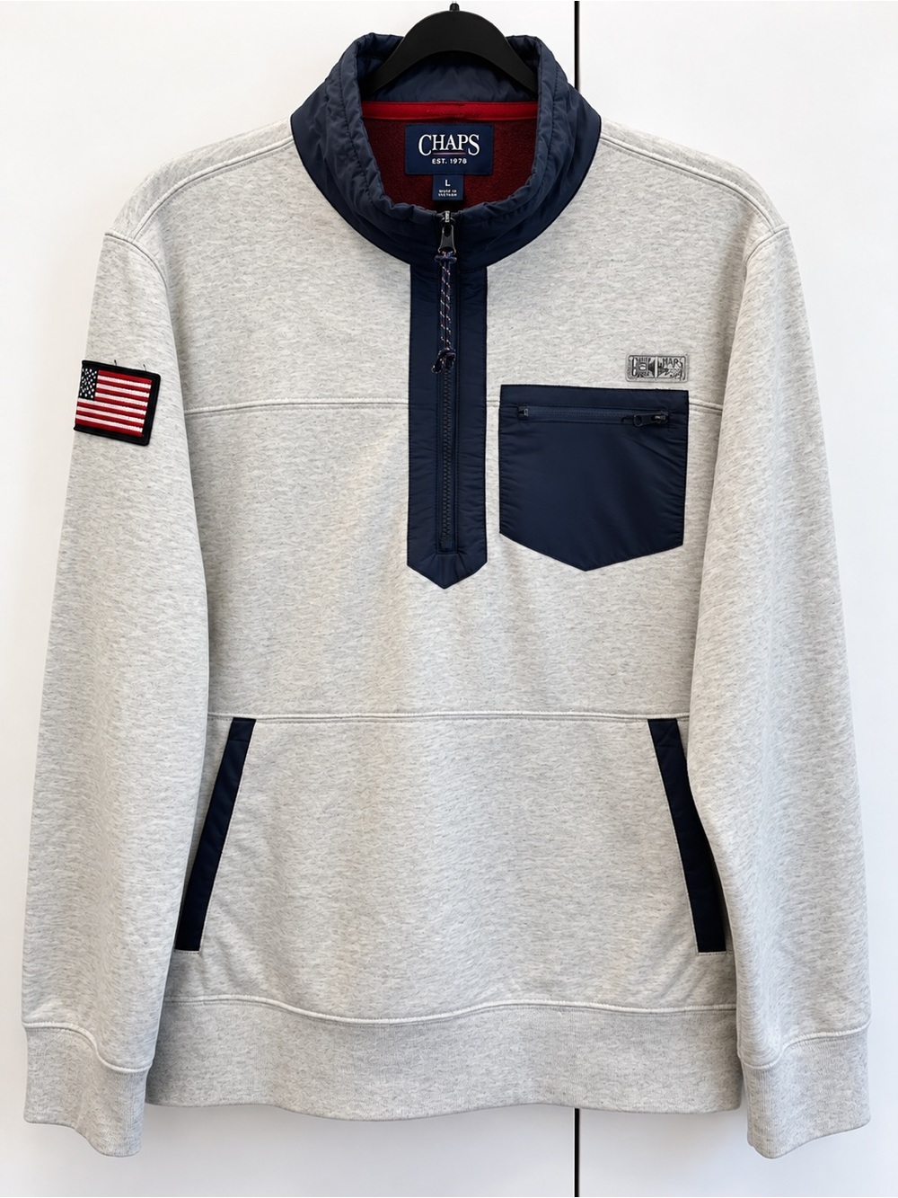 Chaps Men’s Light Gray Pullover Quarter-Zip with Navy Trim